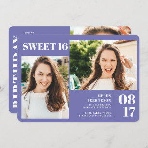 Purple modern bold 3 photos Sweet 16 birthday Invitation