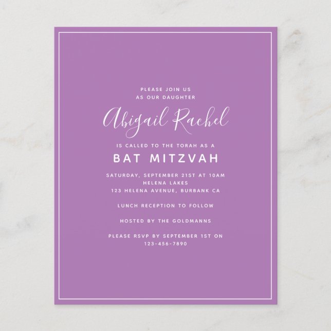 Purple Modern Budget Bat Mitzvah Invitation (Front)