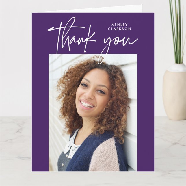Purple Modern Calligraphy Photo Graduation Folded Thank You Card (Front)