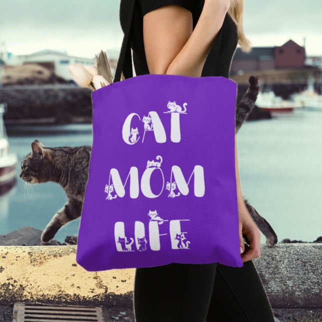 Purple Modern Cat Mum Life Cute Mother's Day  Tote Bag (Creator Uploaded)