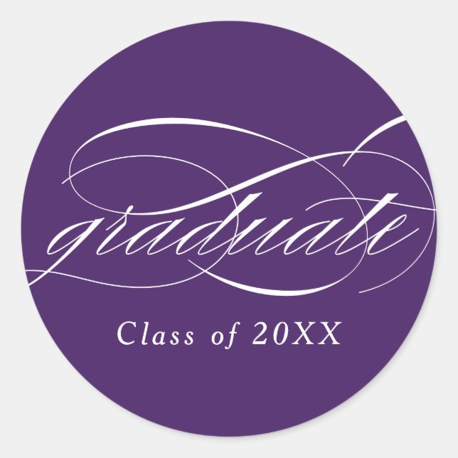 Purple Modern Elegant Script Graduation Classic Round Sticker (Front)