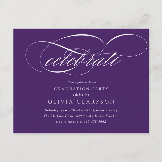 Purple Modern Elegant Script Graduation Party Enclosure Card (Front)