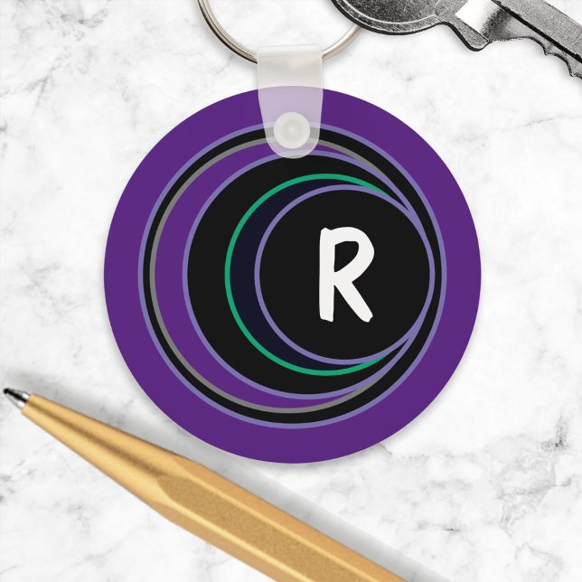Purple Modern Geometric Abstract Monogram Initial Key Ring (A keyring with modern black, purple, green and black circles design, with custom monogram initial)