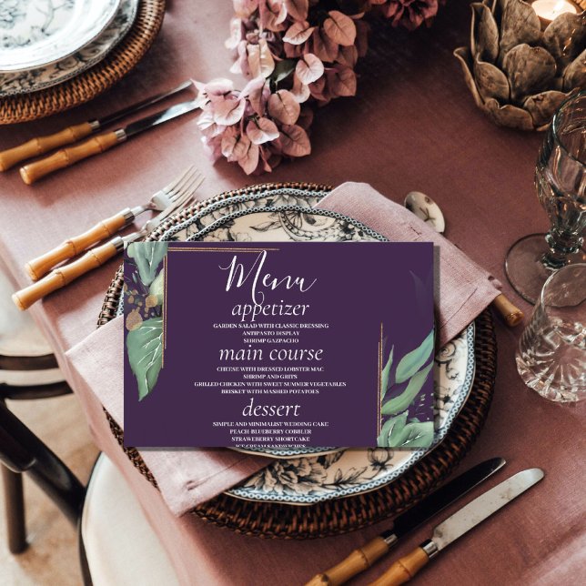 Purple Modern Greenery Wedding Table Menu Cards (Creator Uploaded)