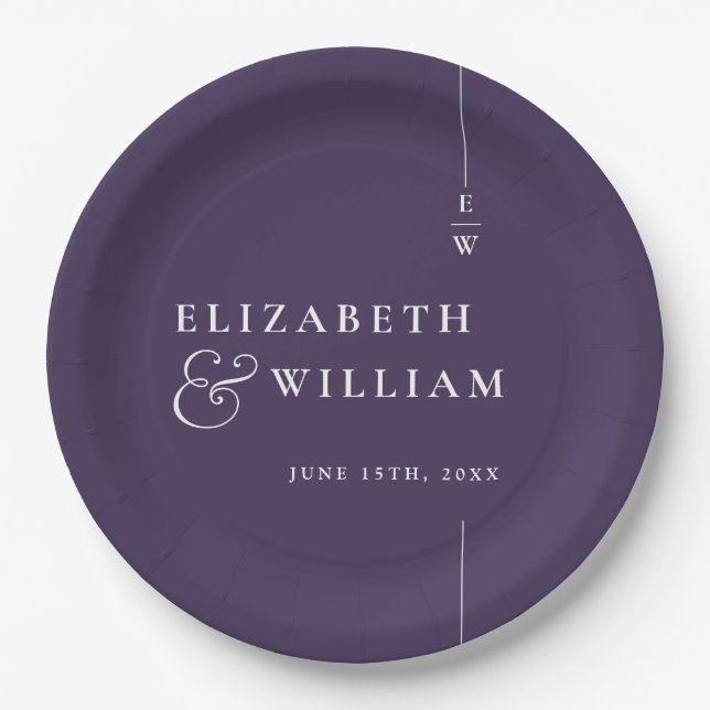 Purple Modern Minimalist Monogram Wedding Paper Plate (Front)