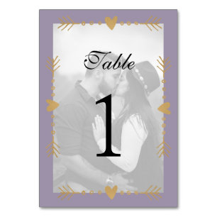 Purple Modern Photo Gold Hearts Table Number