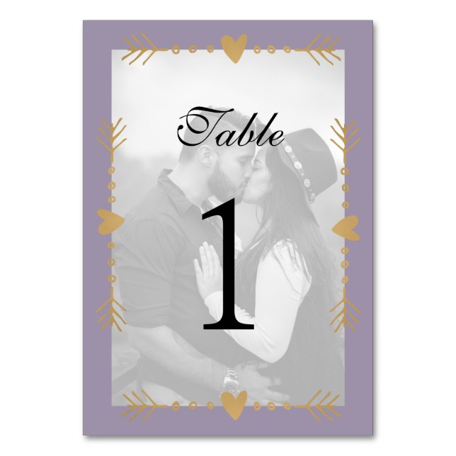 Purple Modern Photo Gold Hearts Table Number (Front)