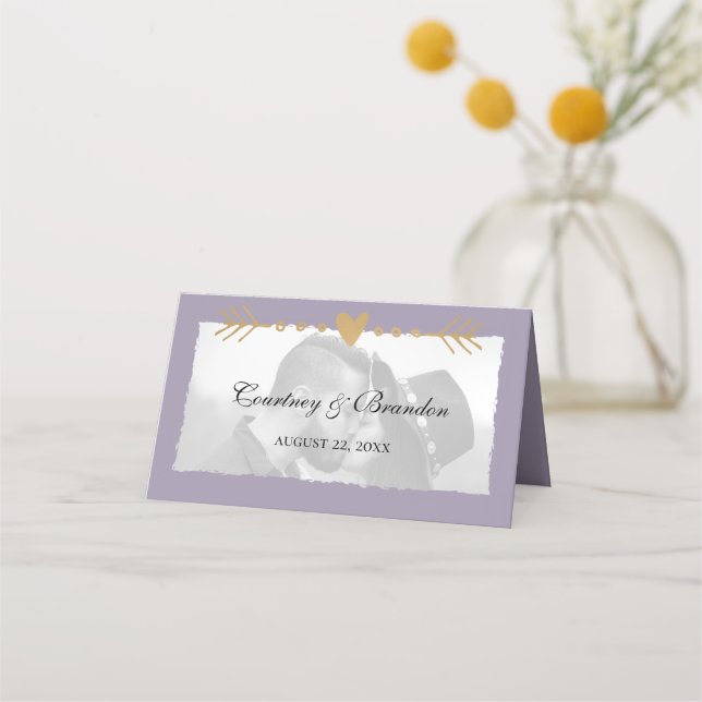 Purple Modern Photo Gold Hearts Wedding Place Card (Front)
