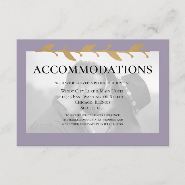 Purple Modern Photo Gold Leaves Accommodations Enclosure Card (Front)