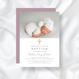 Purple Modern Religious Cross Photo Baptism Invitation