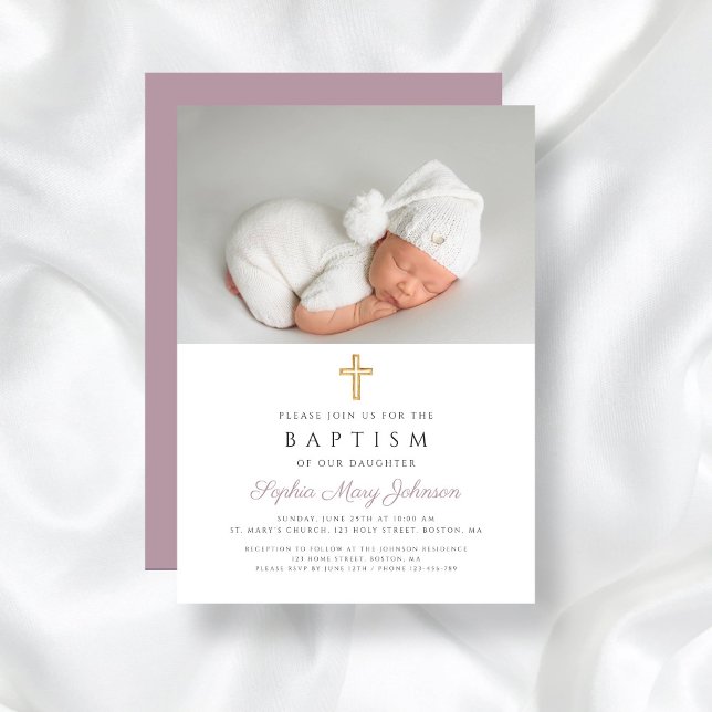 Purple Modern Religious Cross Photo Baptism Invitation (Purple Modern Religious Cross Photo Baptism Invitation)