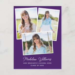 Purple Modern Script Multi Photo Graduation Postcard