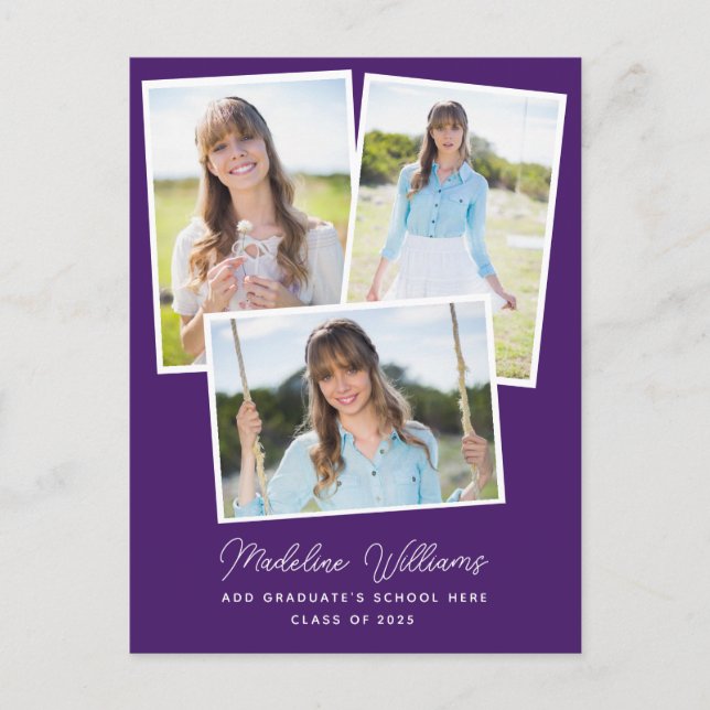 Purple Modern Script Multi Photo Graduation Postcard (Front)