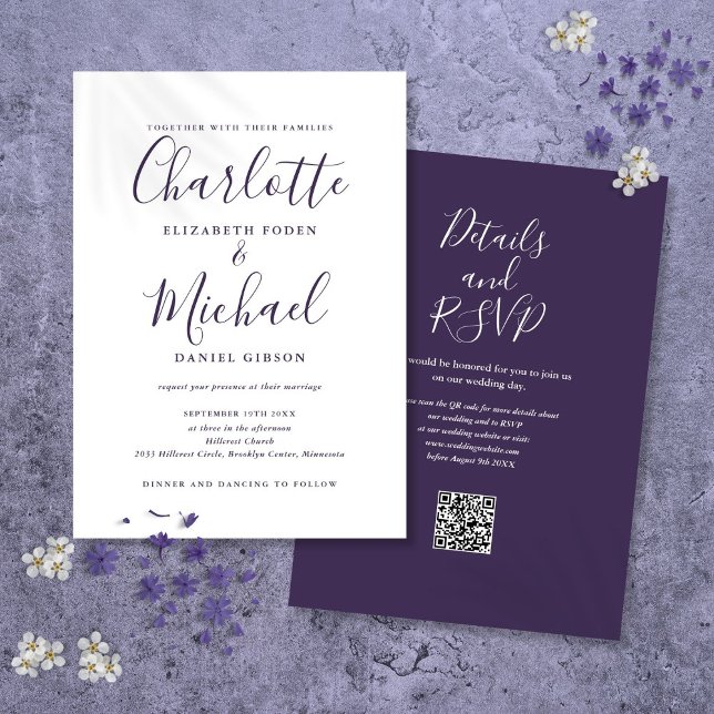 Purple Modern Script QR Code Wedding Invitation (Purple Modern Script QR Code Wedding Invitation)