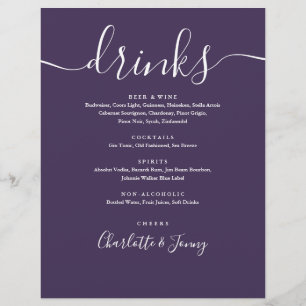Purple Modern Script Wedding Drinks Menu