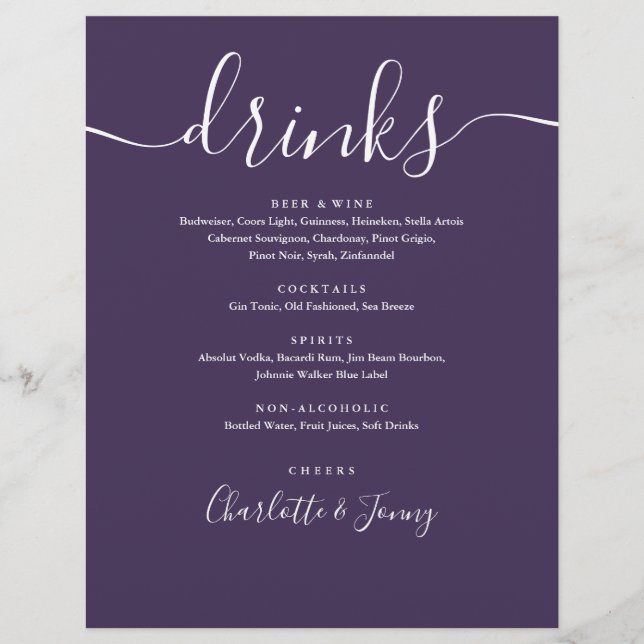 Purple Modern Script Wedding Drinks Menu (Front)