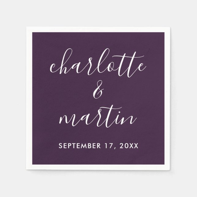 Purple Modern Script Wedding Napkin (Front)