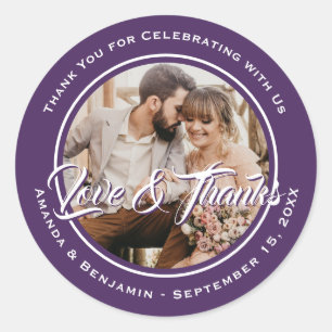 Purple Modern Script Wedding Photo Favour Classic Round Sticker