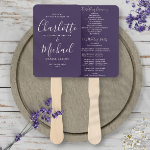 Purple Modern Script Wedding Program Hand Fan