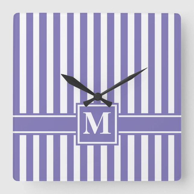Purple Modern Stripe with Monogram Square Wall Clock (Front)