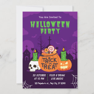 Purple Modern Trick Or Treat Halloween Party  Invitation