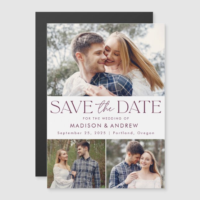 Purple | Modern Typography 3 Photo Save the Date Magnetic Invitation (Front/Back)