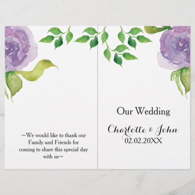 Purple Modern watercolor floral wedding program (Front)
