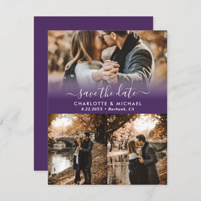 Purple Modern Wedding Photo Save The Date Cards (Front/Back)