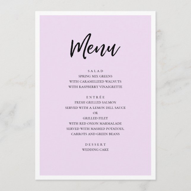 Purple modern wedding. Simple lavender minimalist Menu (Front)