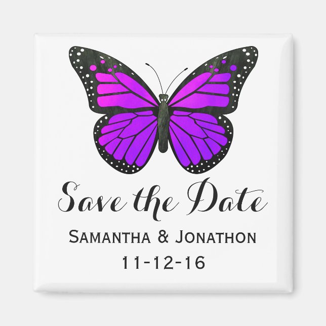 Purple Monarch Butterfly Wedding Save the Date Magnet (Front)