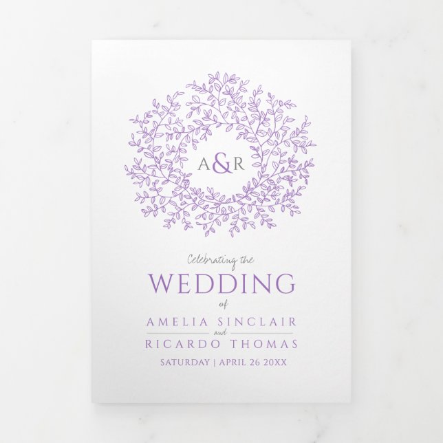 Purple monogram art photo wedding Tri-Fold programme (Cover)
