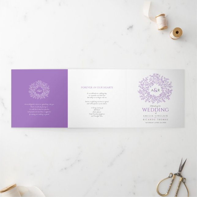 Purple monogram art story dedication wedding Tri-Fold programme (Outside)