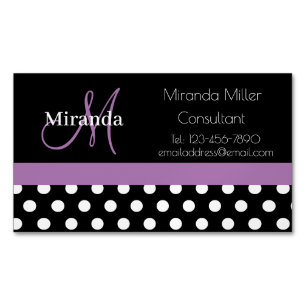 Purple Monogram Black White Polka Dot Magnetic Business Card