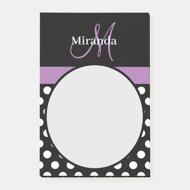 Purple Monogram Black White Polka Dot Post-it Notes (Front)