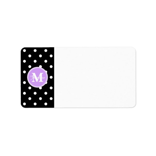 Purple Monogram Black White Polka Dots Label (Front)