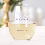 Purple Monogram Bridesmaid Wedding Bachelorette Stemless Wine Glass<br><div class="desc">Purple name monogram wine glass with pale lilac initial and name in black text.  Customise it to suit your occasion.  Sleek,  classy,  minimalist look.  Default text for a bride's bridesmaids.  Grab a whole set for everyone in your wedding party.</div>