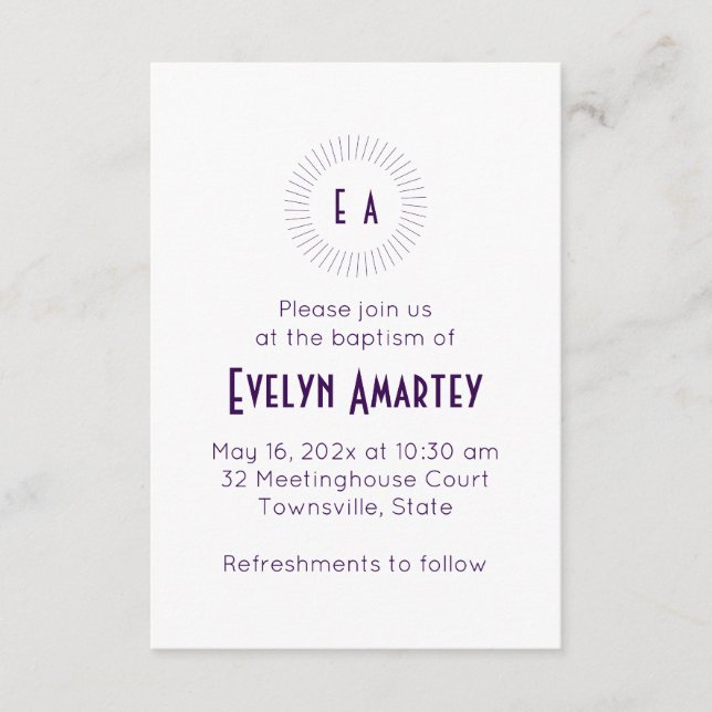 Purple Monogram Circle Baptism Invitation (Front)