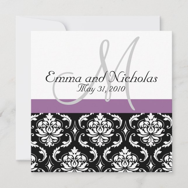 Purple Monogram Damask Wedding Invitation (Front)