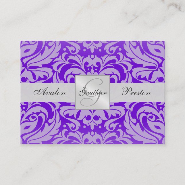 Purple Monogram Damask Wedding RSVP Card (Front)