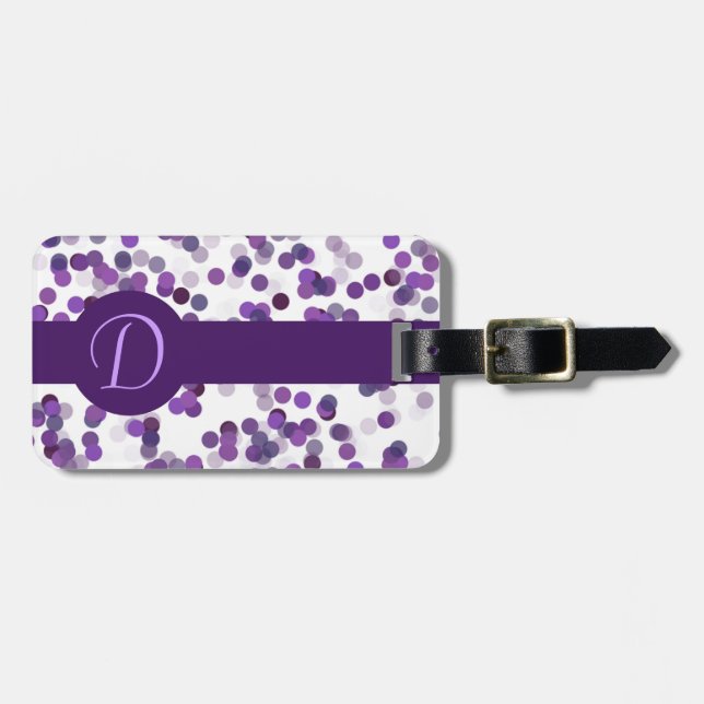 Purple Monogram Dots Luggage Tag (Front Horizontal)