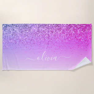 Purple Monogram Glitter Sparkle Girly Script Beach Towel