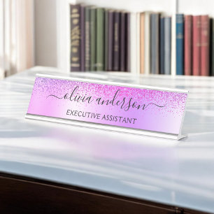 Purple Monogram Glitter Sparkle Girly Script Desk Name Plate