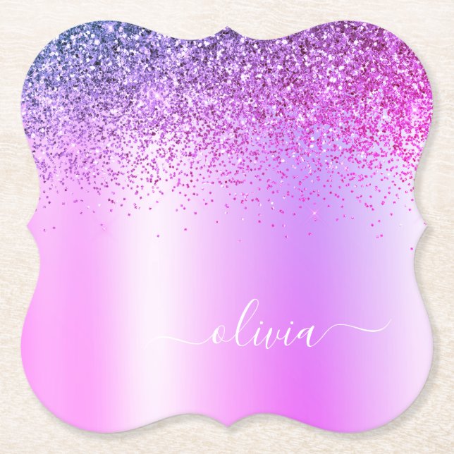 Purple Monogram Glitter Sparkle Girly Script Paper Coaster (Front)