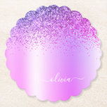 Purple Monogram Glitter Sparkle Girly Script Paper Coaster<br><div class="desc">Purple Faux Foil Metallic Sparkle Glitter Brushed Metal Monogram Name Paper Coasters. This makes the perfect graduation,  birthday,  wedding,  bridal shower,  anniversary,  baby shower or bachelorette party gift for someone that loves glam luxury and chic styles.</div>