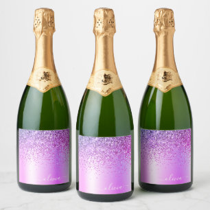 Purple Monogram Glitter Sparkle Girly Script Sparkling Wine Label