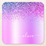 Purple Monogram Glitter Sparkle Girly Script Square Paper Coaster<br><div class="desc">Purple Faux Foil Metallic Sparkle Glitter Brushed Metal Monogram Name Paper Coasters. This makes the perfect graduation,  birthday,  wedding,  bridal shower,  anniversary,  baby shower or bachelorette party gift for someone that loves glam luxury and chic styles.</div>