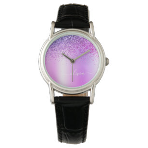 Purple Monogram Glitter Sparkle Girly Script Watch