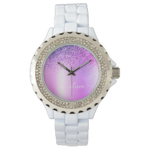 Purple Monogram Glitter Sparkle Girly Script Watch