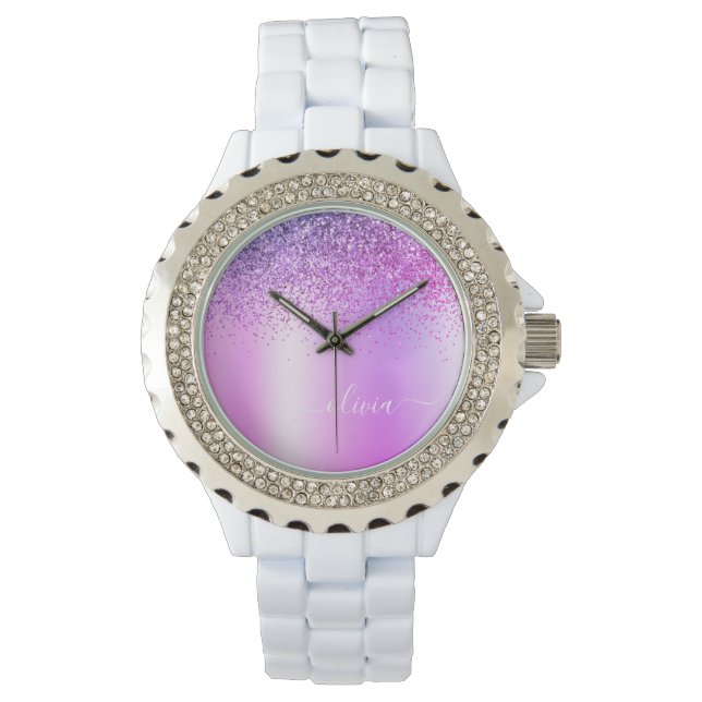 Purple Monogram Glitter Sparkle Girly Script Watch (Front)