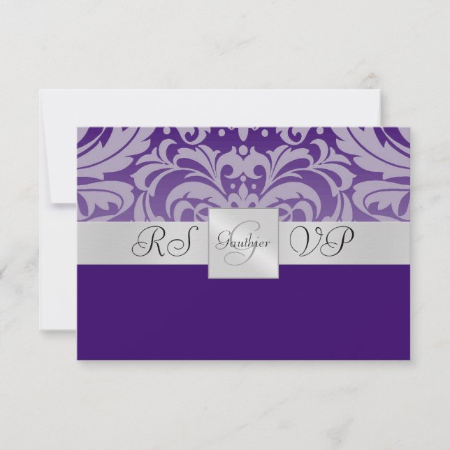 Purple Monogram Half Damask RSVP Reply Invitation (Front)